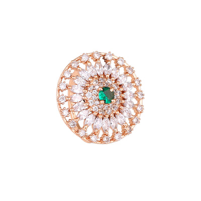 Estele Rose Gold Plated CZ Adjustable Classic Flower Shaped Finger Ring with Emerald/ Green Stones for Women