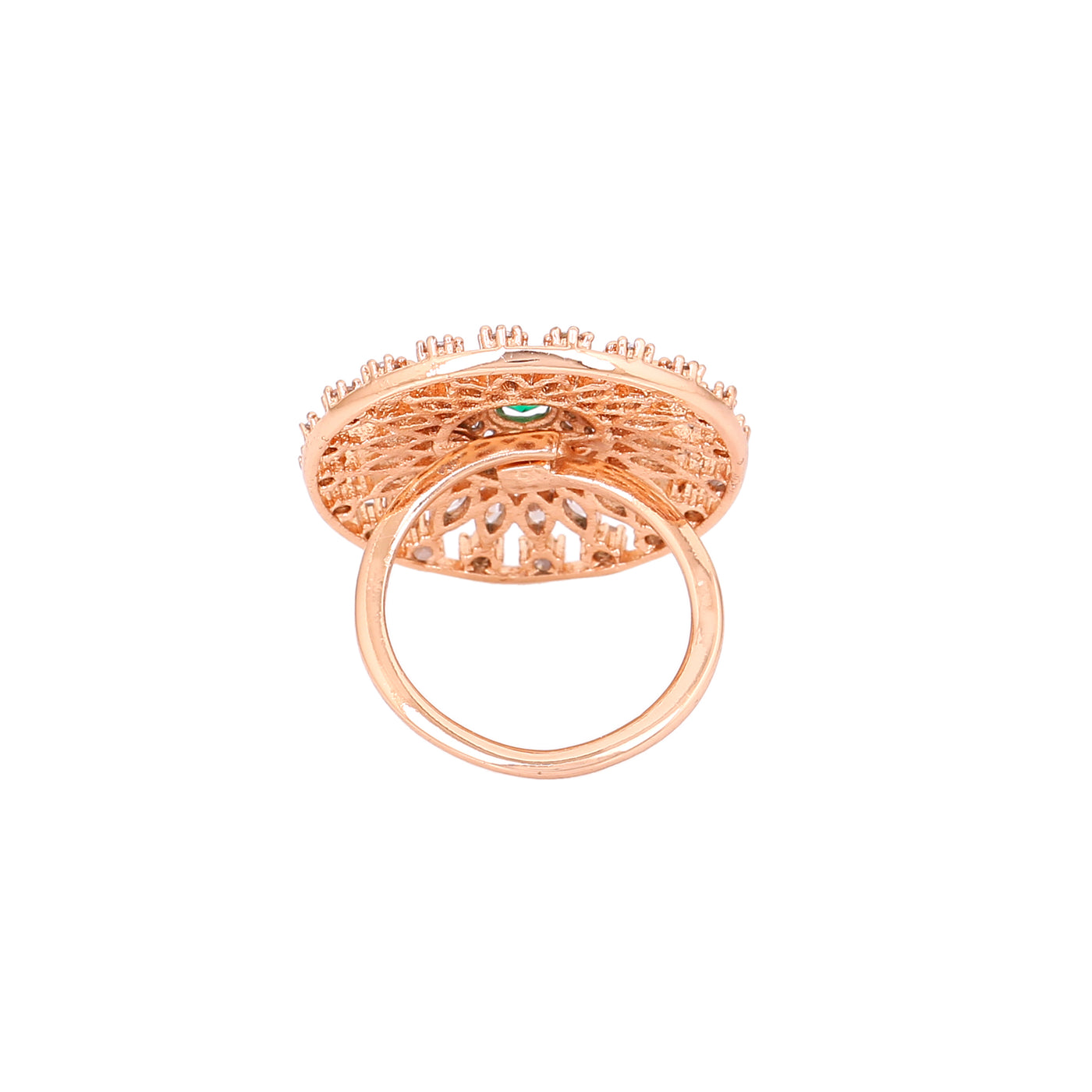 Estele Rose Gold Plated CZ Adjustable Classic Flower Shaped Finger Ring with Emerald/ Green Stones for Women