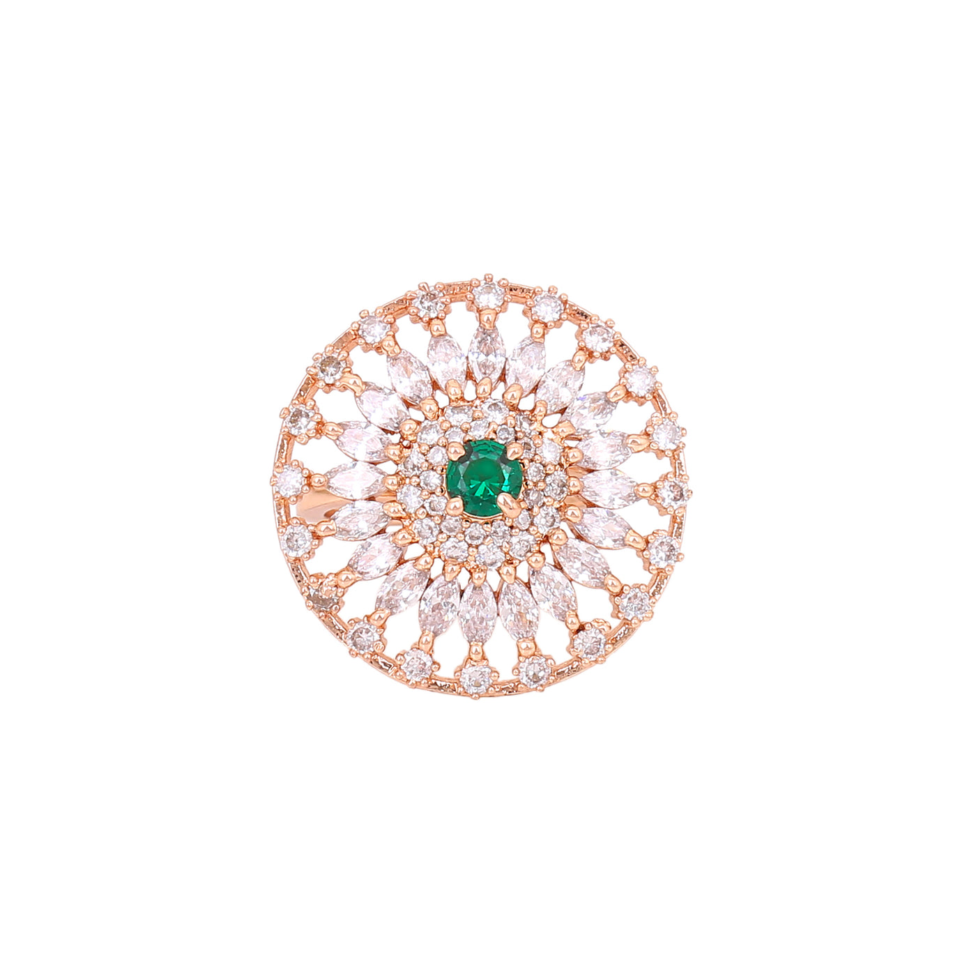 Estele Rose Gold Plated CZ Adjustable Classic Flower Shaped Finger Ring with Emerald/ Green Stones for Women