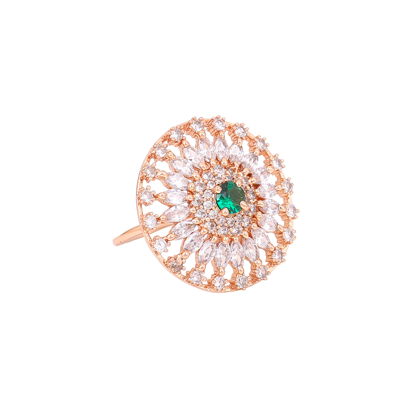 Estele Rose Gold Plated CZ Adjustable Classic Flower Shaped Finger Ring with Emerald/ Green Stones for Women