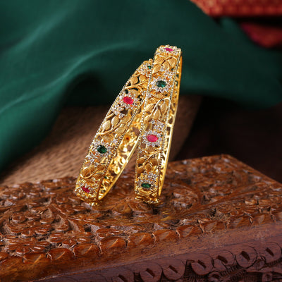 Estele Gold Plated CZ Flower Designer Bangles with Multicolor Stones for Women