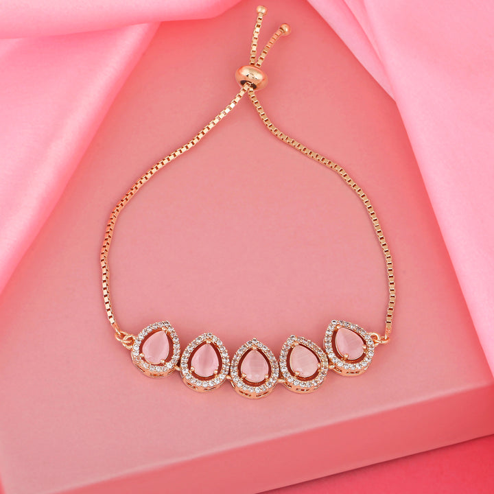 Estele Rose Gold Plated CZ Precious Pears Bracelet with Mint Pink Stones for Women