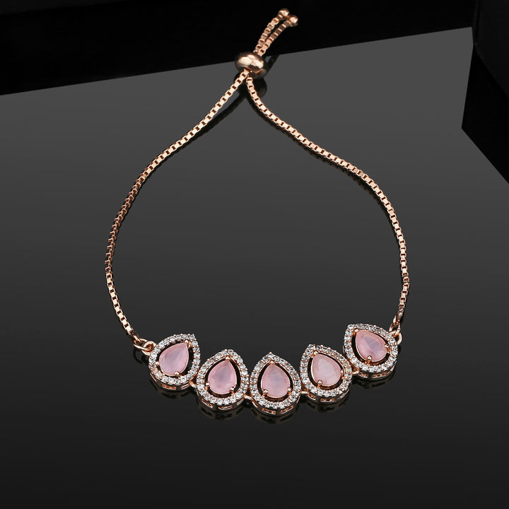 Estele Rose Gold Plated CZ Precious Pears Bracelet with Mint Pink Stones for Women