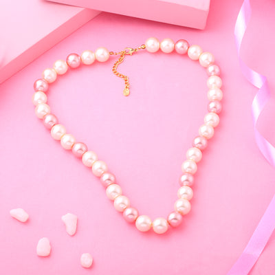 Estele Gold Plated Elegant White and Pink Flux Pearl Necklace for Women