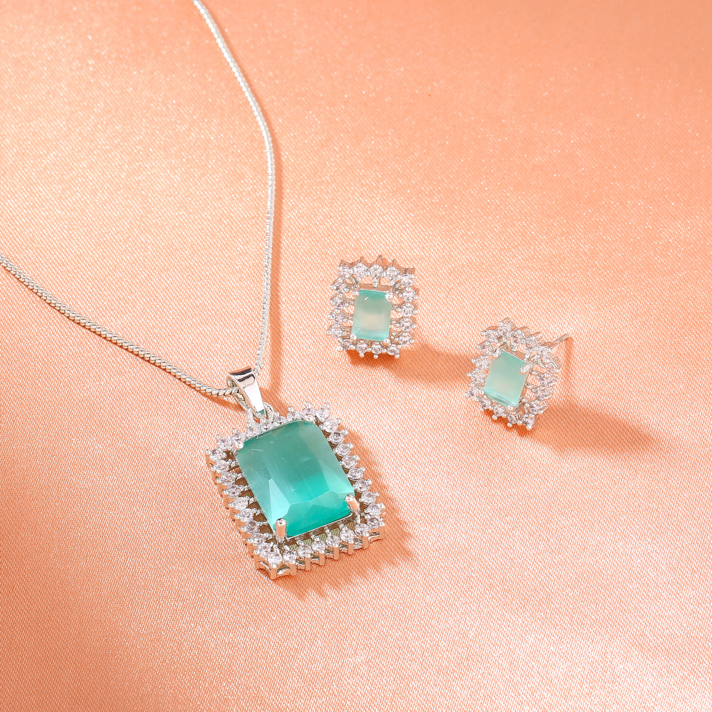 Estele Rhodium Plated CZ Square Designer Pendant set with Mint Green Stones for Women