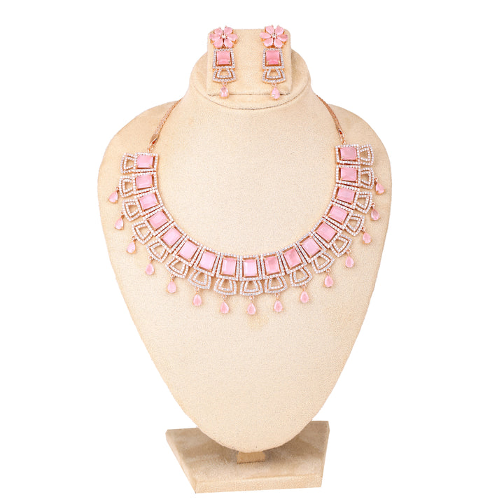 Estele Rose Gold Plated CZ Glimmering Dulhan Necklace Set with Mint Pink Stones for Women