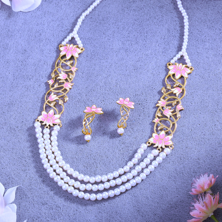 Estele Gold Plated Lotus Designer Three Line Pearl Necklace Set with Pink Enamel for Girls & Women