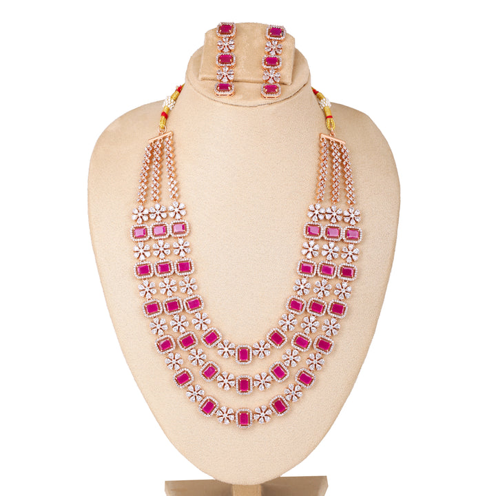 Estele Rose Gold Plated CZ Dazzling Three Layered Dulhan Necklace Set with Ruby Stones for Women