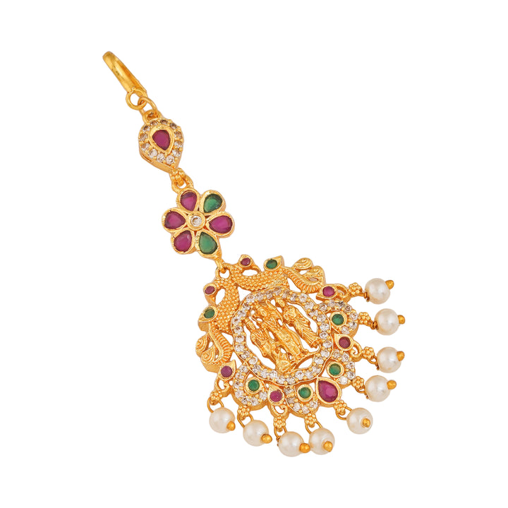 Estele Gold Plated CZ Divine Ram Parivar Designer Bridal Pearls Necklace Set for Women