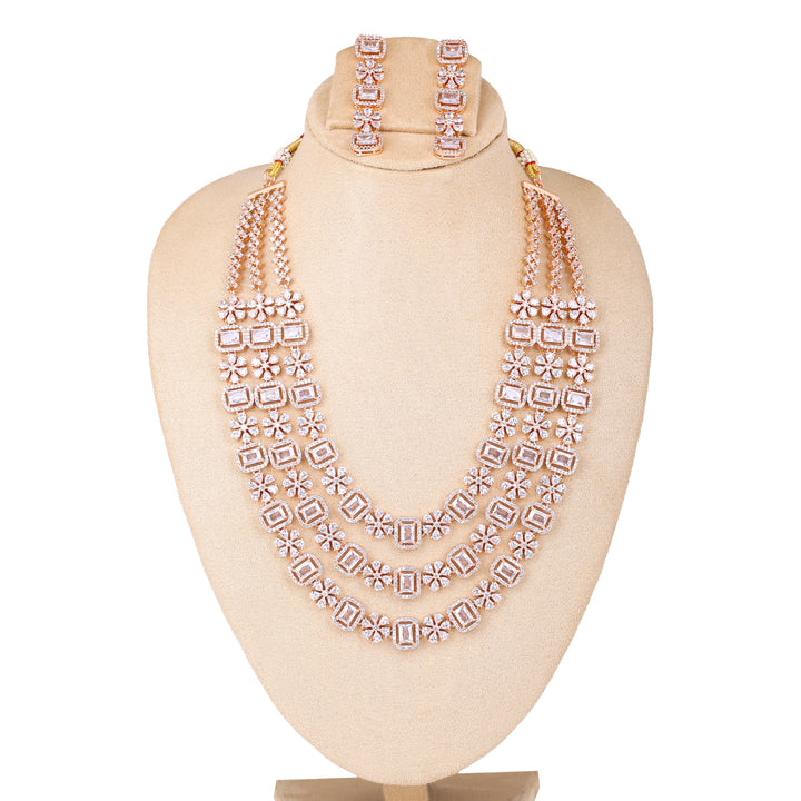 Estele Rose Gold Plated CZ Dazzling Three Layered Dulhan Necklace Set with White Stones for Women