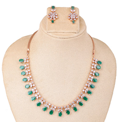 Estele Rose Gold Plated CZ Glamorous Necklace Set with Green Stones for Women