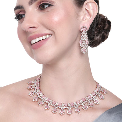 Estele Rose Gold Plated CZ Astonishing Necklace Set with Mint Pink Stones for Women