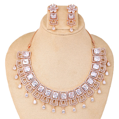 Estele Rose Gold Plated CZ Glimmering Dulhan Necklace Set with White Crystals for Women