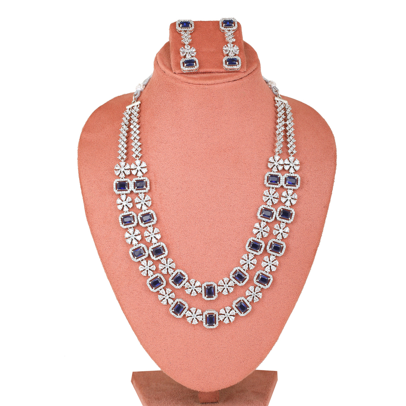 Estele Rhodium Plated CZ Astonishing Double Layered Necklace Set with Blue Stones for Women