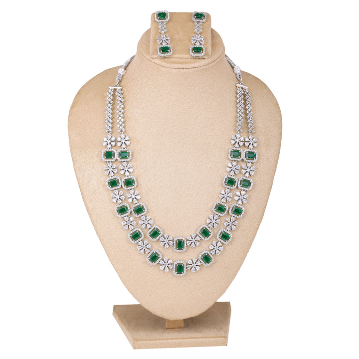 Estele Rhodium Plated CZ Dazzling Double Layered Designer Necklace Set with Green & White Crystals for Women
