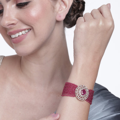 Estele Rose Gold Plated CZ Gorgeous Multi-Layered Bracelet with Ruby Stones for Women