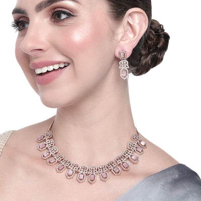 Estele Rose Gold Plated CZ Shimmering Necklace Set with Mint Pink Stone for Women