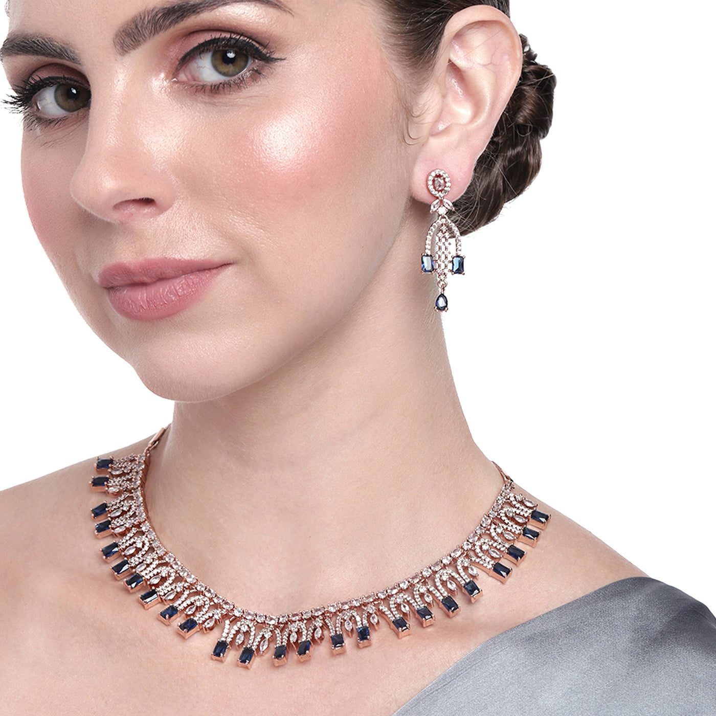 Estele Rose Gold Plated CZ Falling Star Designer Necklace Set with Blue Stones for Women