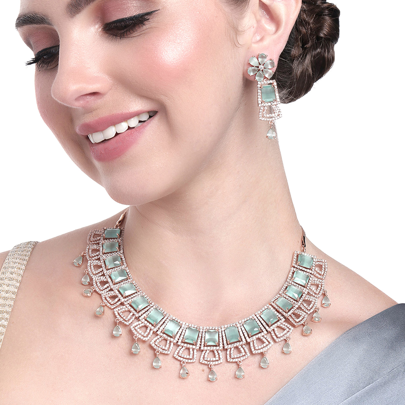 Estele Rose Gold Plated CZ Glimmering Dulhan Necklace Set with Mint Green and White Crystals for Women