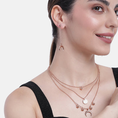 Estele Rose Gold Plated 3 Layer Designer Necklace with Earrings for Girls & Women