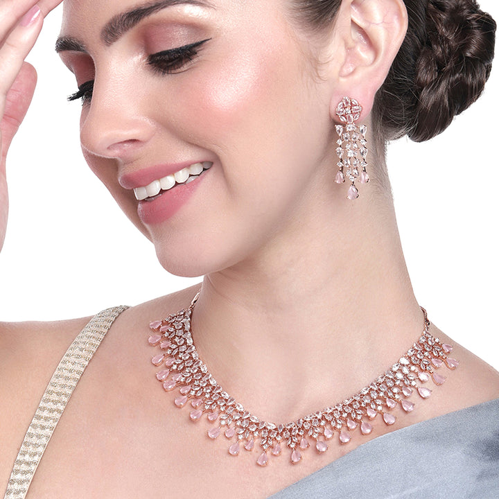 Estele Rose Gold Plated CZ Sparkling Necklace Set with Mint Pink Stones for Women