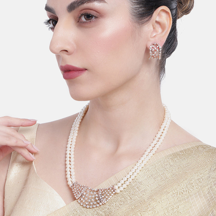Estele Rose Gold Plated Shimmering Pearl Necklace Set with Crystals for Women