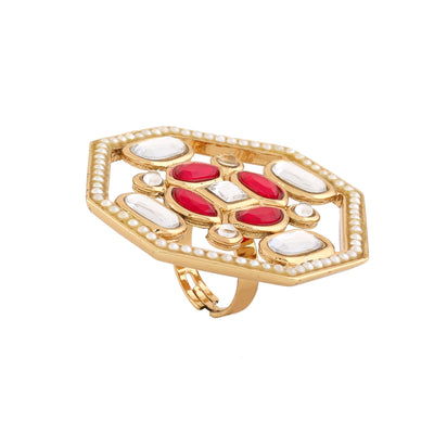 Gold plated polki white and pink kundan ethnic traditional maharani ring