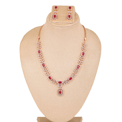 Estele Rose Gold Plated CZ Classic Designer Necklace Set with Tourmaline Pink Stones for Women