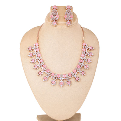 Estele Rose Gold Plated CZ Astonishing Necklace Set with Mint Pink Stones for Women