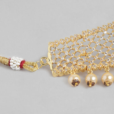 Estele Gold Plated CZ Flower Designer Bridal Choker Necklace set with Pearl & Color Stones for Women
