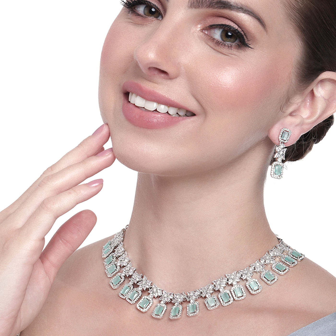 Estele Rhodium Plated CZ Gorgeous Necklace Set with Mint Green Stones for Women