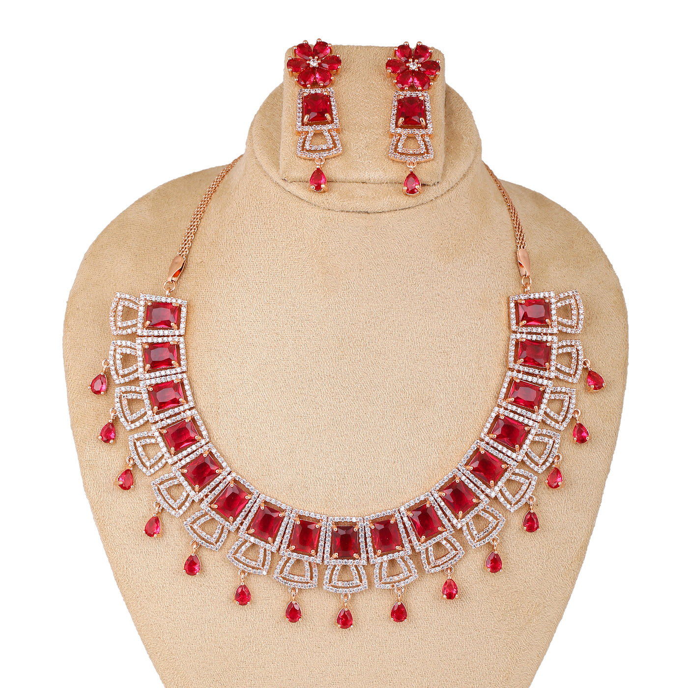 Estele Rose Gold Plated CZ Sparkling Dulhan Necklace Set with Tourmaline Pink Stones for Women