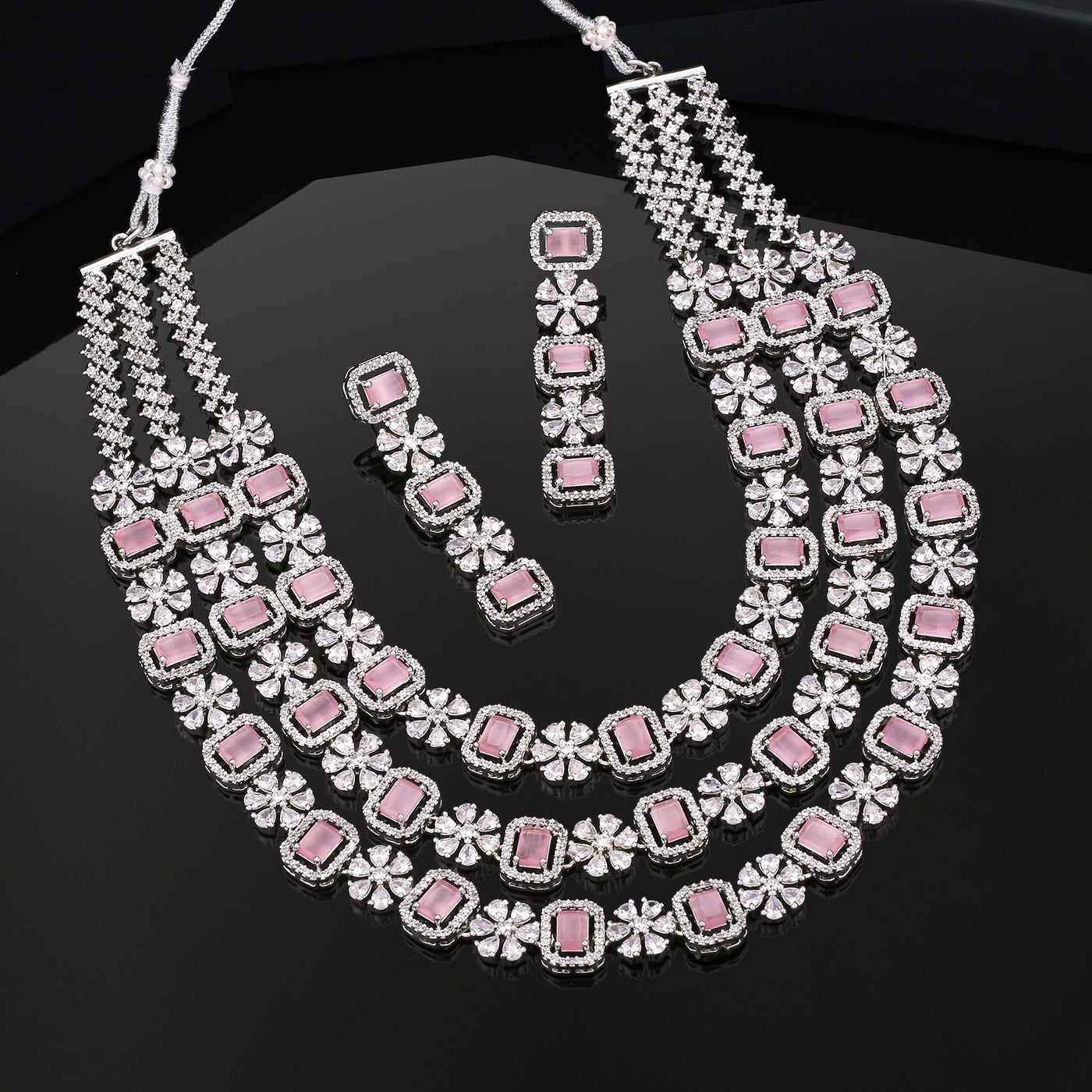 Estele Rhodium Plated CZ Fascinating Three Layered Necklace Set with Mint Pink and White Crystals for Women