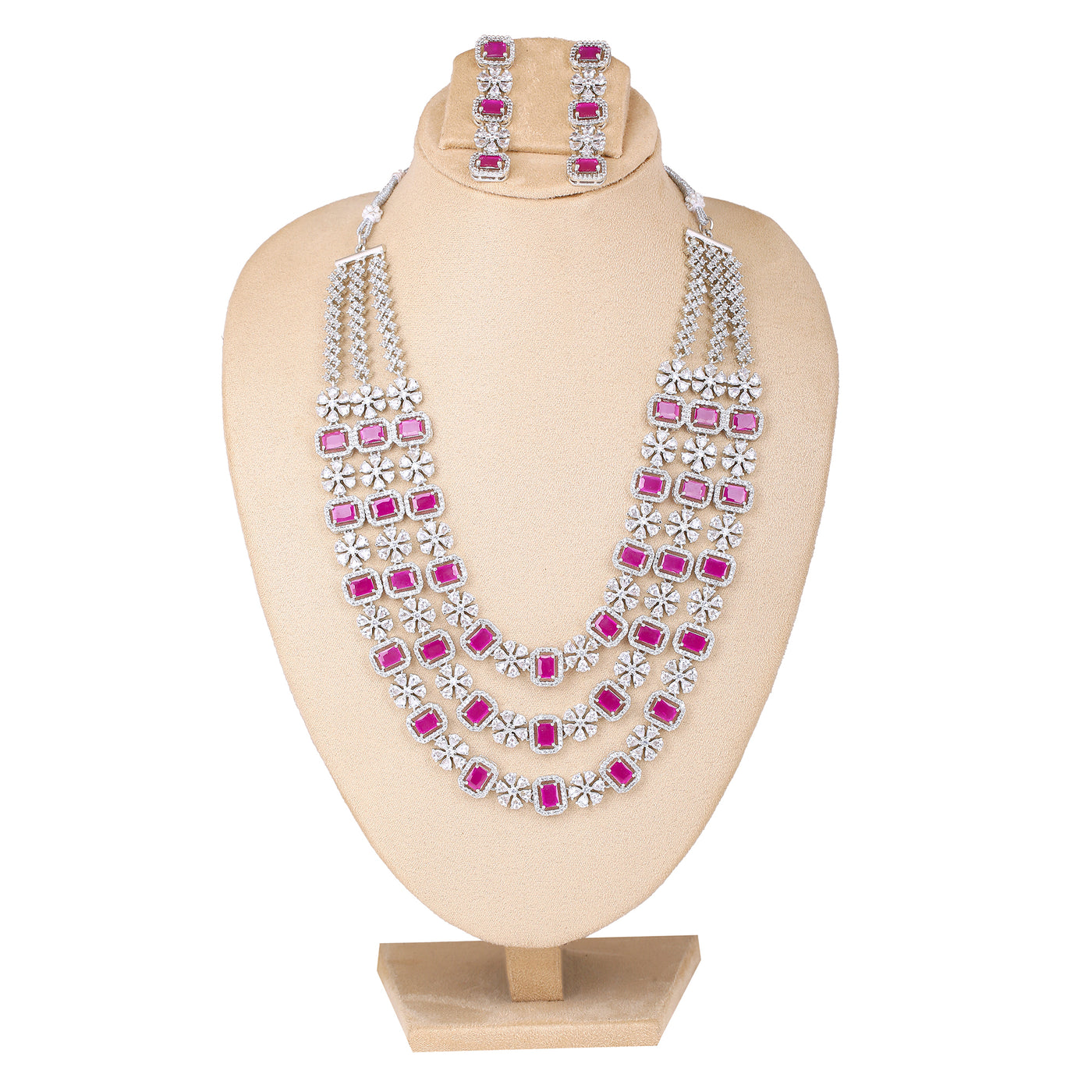Estele Rhodium Plated CZ Fascinating Three Layered Dulhan Necklace Set with Ruby Stones for Women
