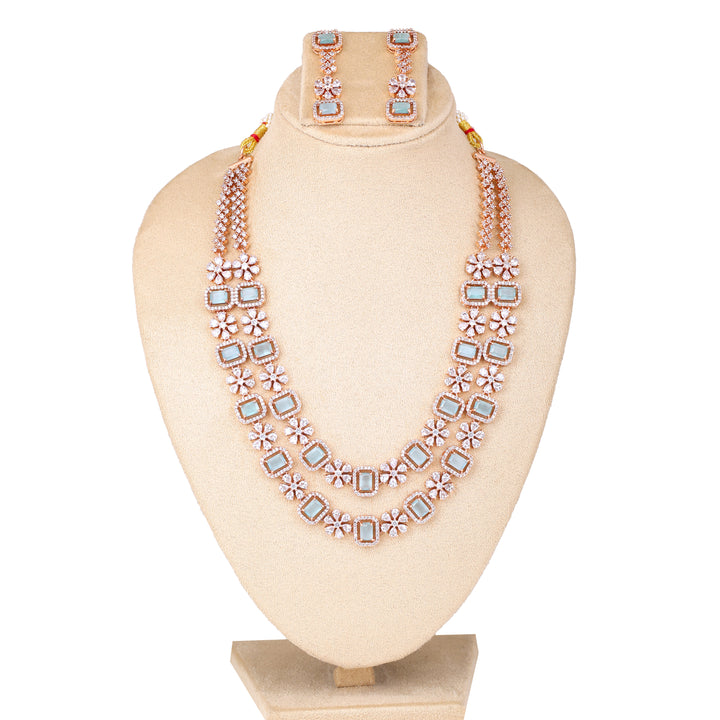Estele Rose Gold Plated CZ Ravishing Necklace Set with Mint Green Stones for Women