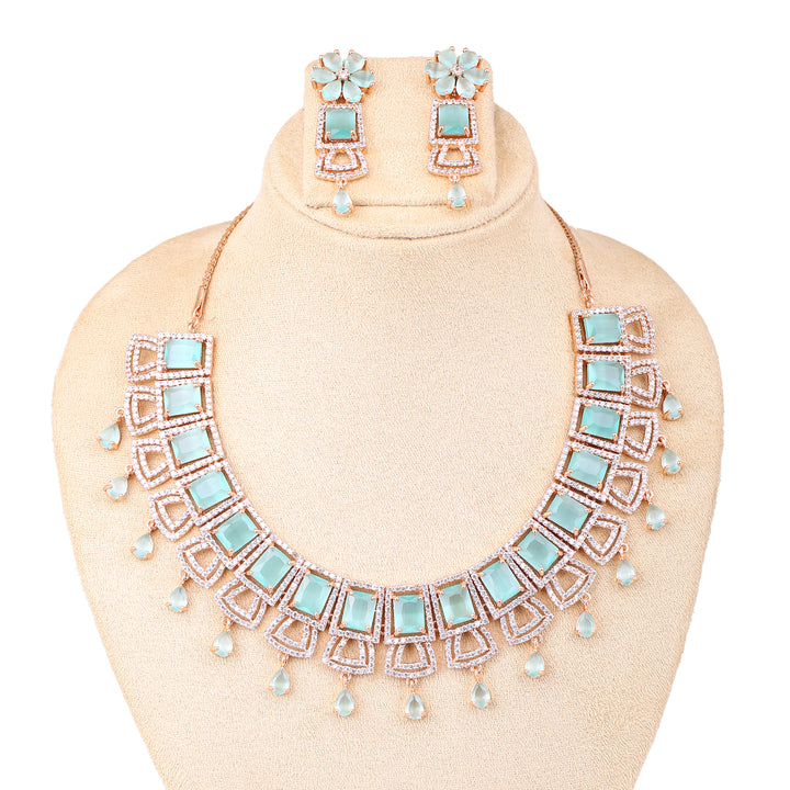 Estele Rose Gold Plated CZ Glimmering Dulhan Necklace Set with Mint Green and White Crystals for Women