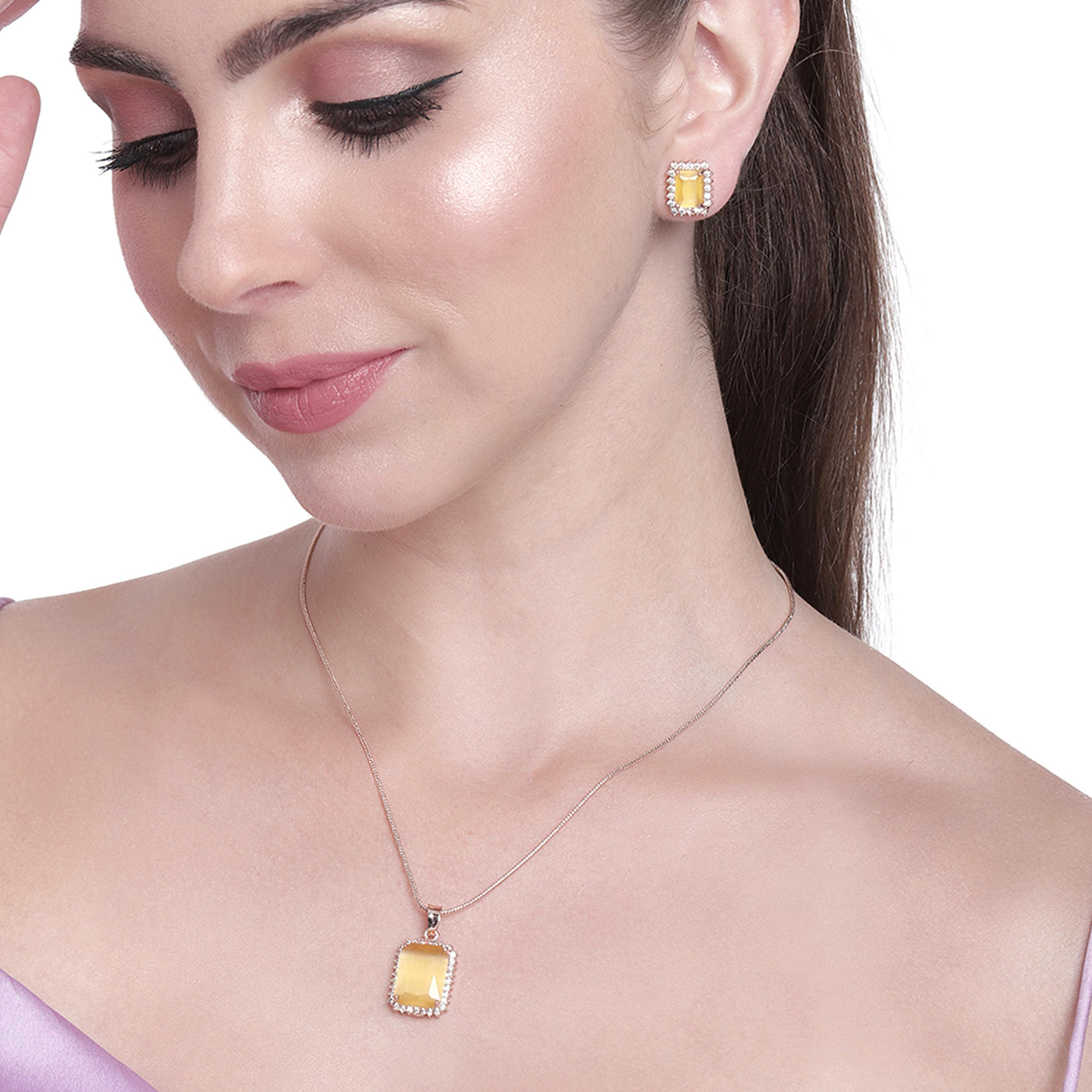 Estele Rose Gold Plated CZ Square Designer Pendant Set with Yellow Stones for Women