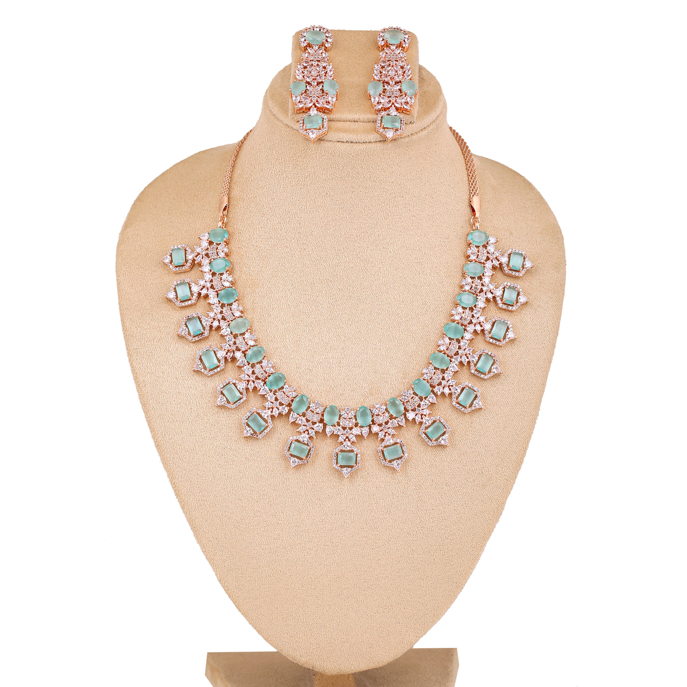 Estele Rose Gold Plated CZ Astonishing Necklace Set with Mint Green Stones for Women