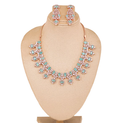 Estele Rose Gold Plated CZ Astonishing Necklace Set with Mint Green Stones for Women