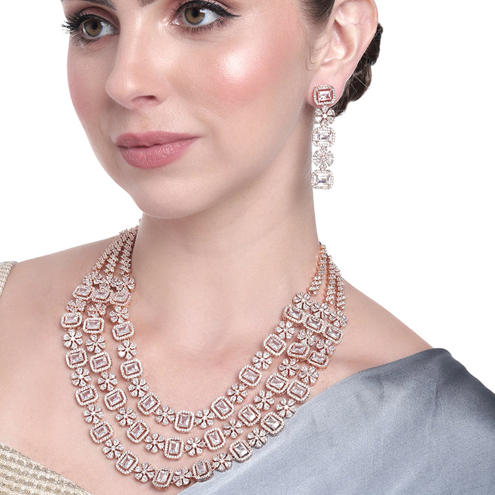 Estele Rose Gold Plated CZ Dazzling Three Layered Dulhan Necklace Set with White Stones for Women