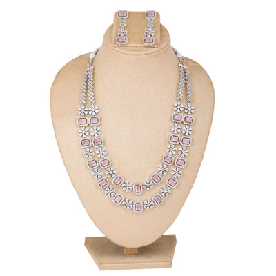 Estele Rhodium Plated CZ Fascinating Double Layered Necklace Set with Mint Pink and White Crystals for Women