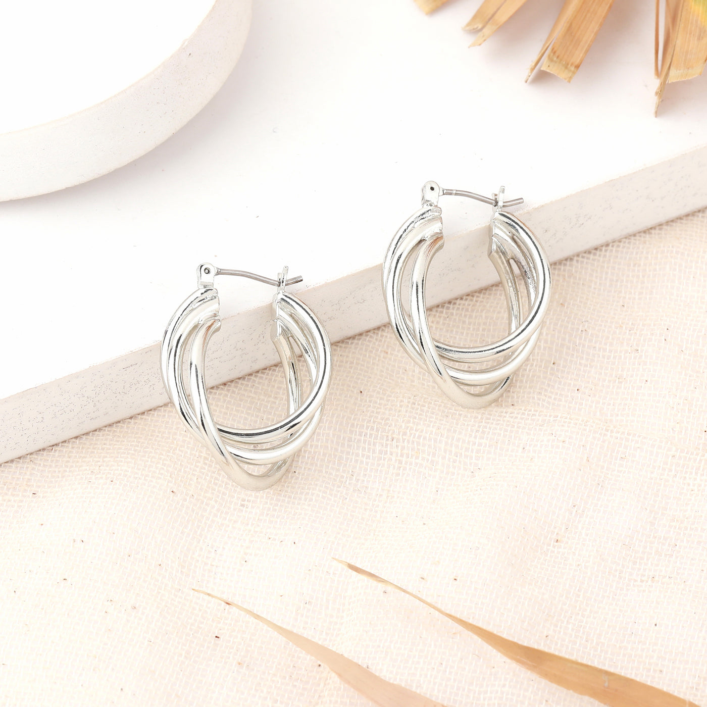 Estele Fashion Earrings for Women and Girls Rhodium Plated Twisted Layered Trio Circular Metallic Hoop Earrings Party/Office Wear for Girls and Women