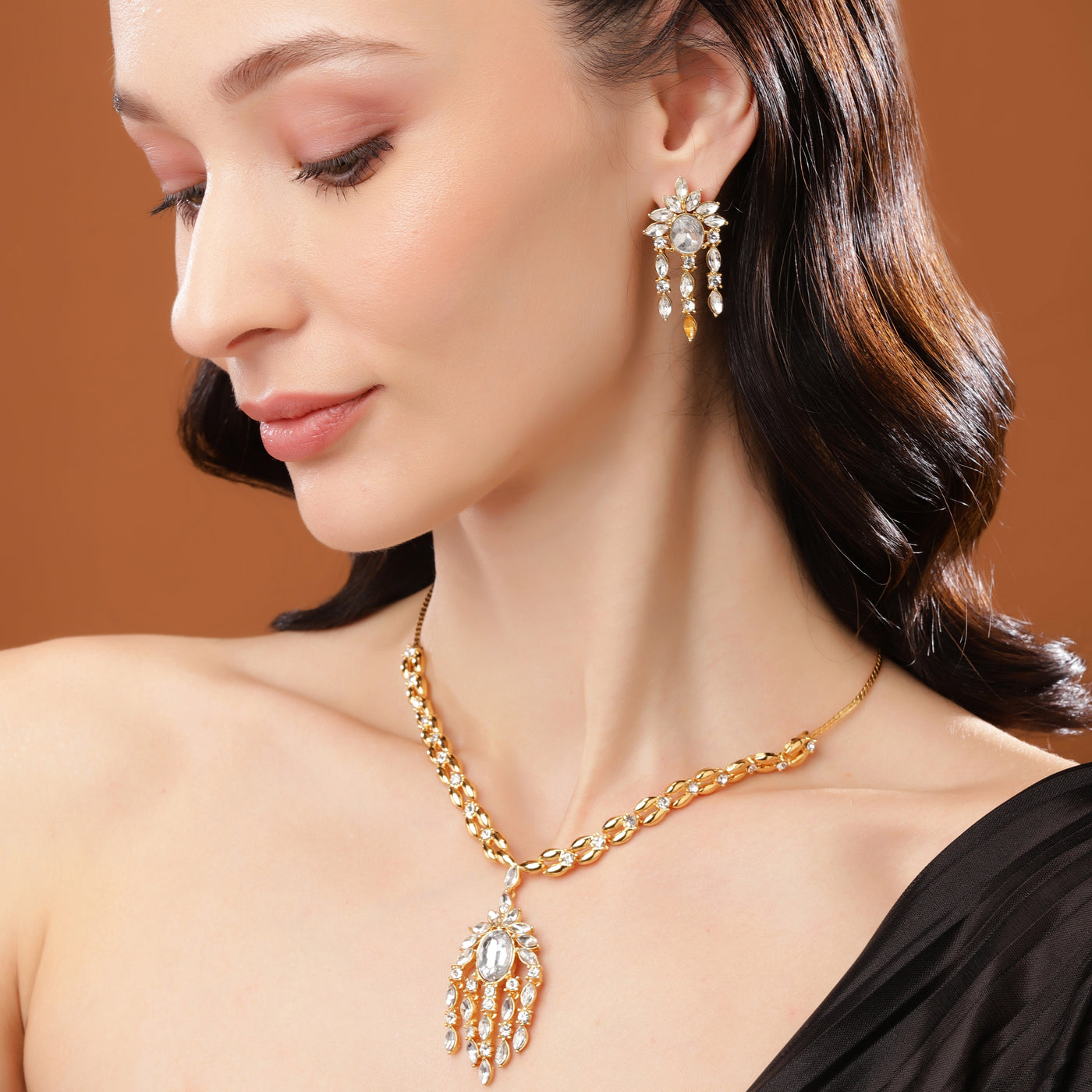 Estele 24 Kt Gold Plated Dangler with Bagettes Necklace Set for Women