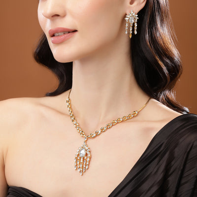 Estele 24 Kt Gold Plated Dangler with Bagettes Necklace Set for Women