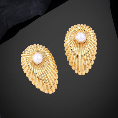 Estele Gold Plated Fashionable & Sleek White Pearl Ornamented Demifine Stud Earrings for Women and Girls