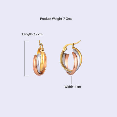 Estele Gold, Rhodium & Rosegold Plated Stylish Three Layered Twisted Demifine Hoop Earrings for Women/Girls