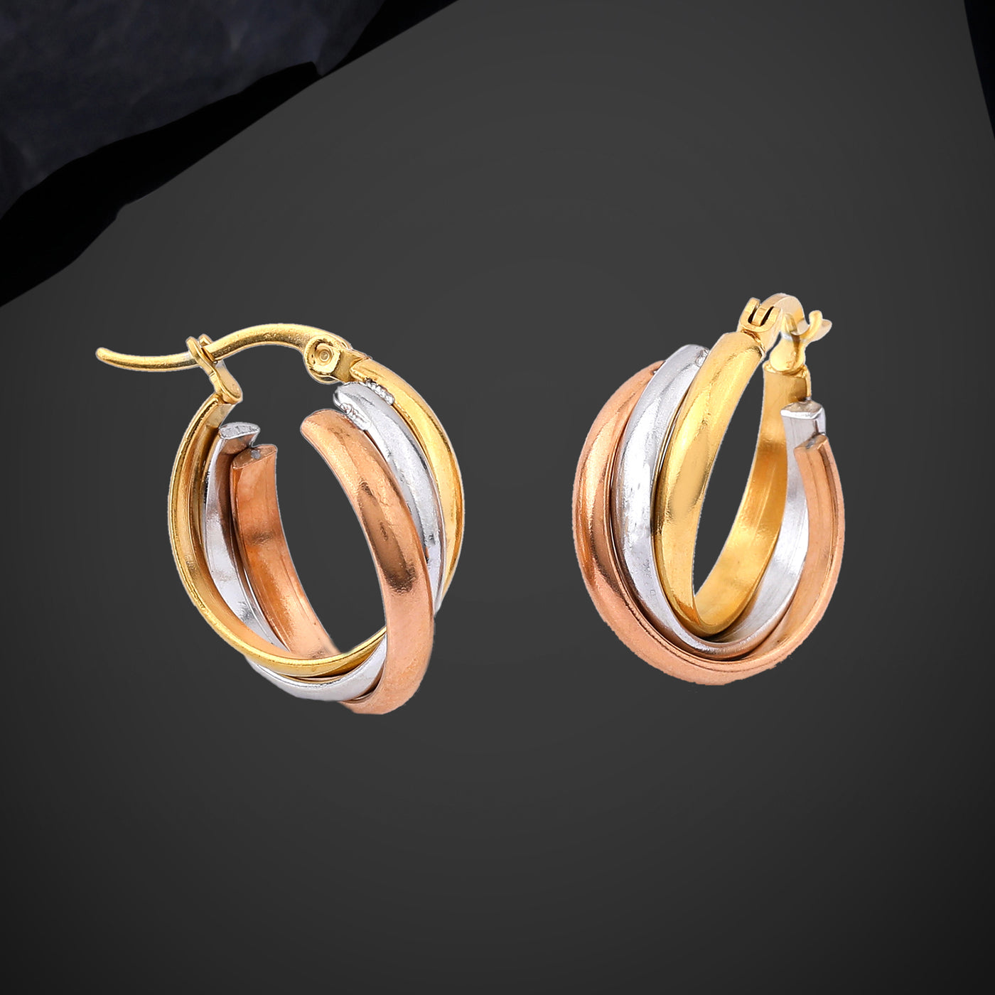 Estele Gold, Rhodium & Rosegold Plated Stylish Three Layered Twisted Demifine Hoop Earrings for Women/Girls