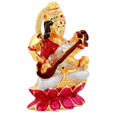 Estele Gold-plated Goddess of knowledge Saraswathi Ma Idol with multi-color enamel for Pooja & Car decor.