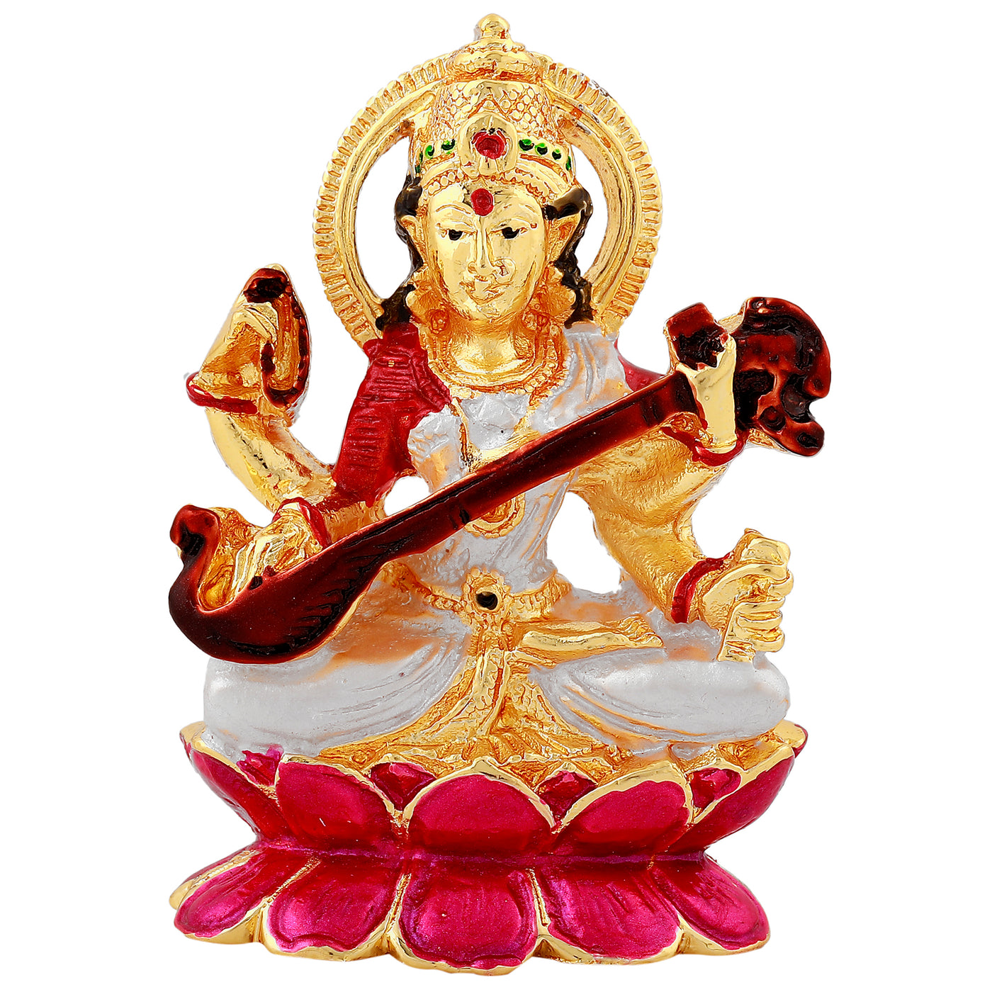 Estele Gold-plated Goddess of knowledge Saraswathi Ma Idol with multi-color enamel for Pooja & Car decor.