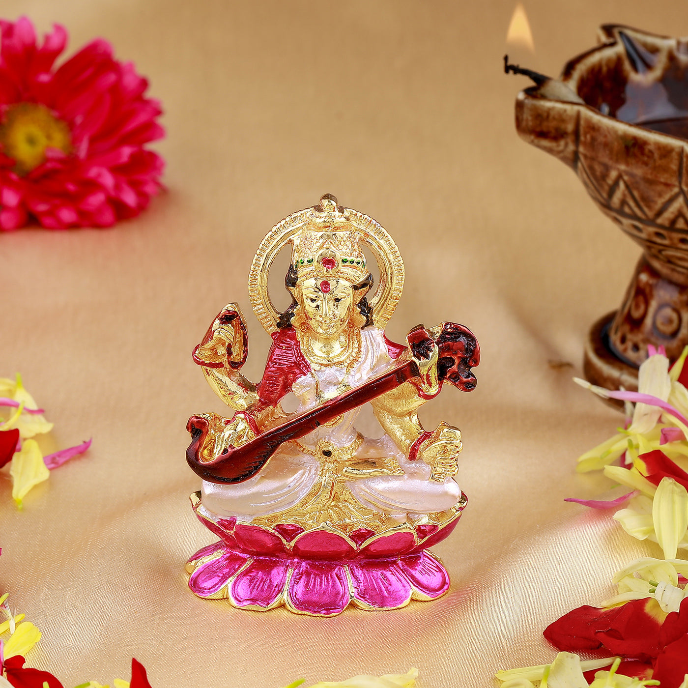 Estele Gold-plated Goddess of knowledge Saraswathi Ma Idol with multi-color enamel for Pooja & Car decor.